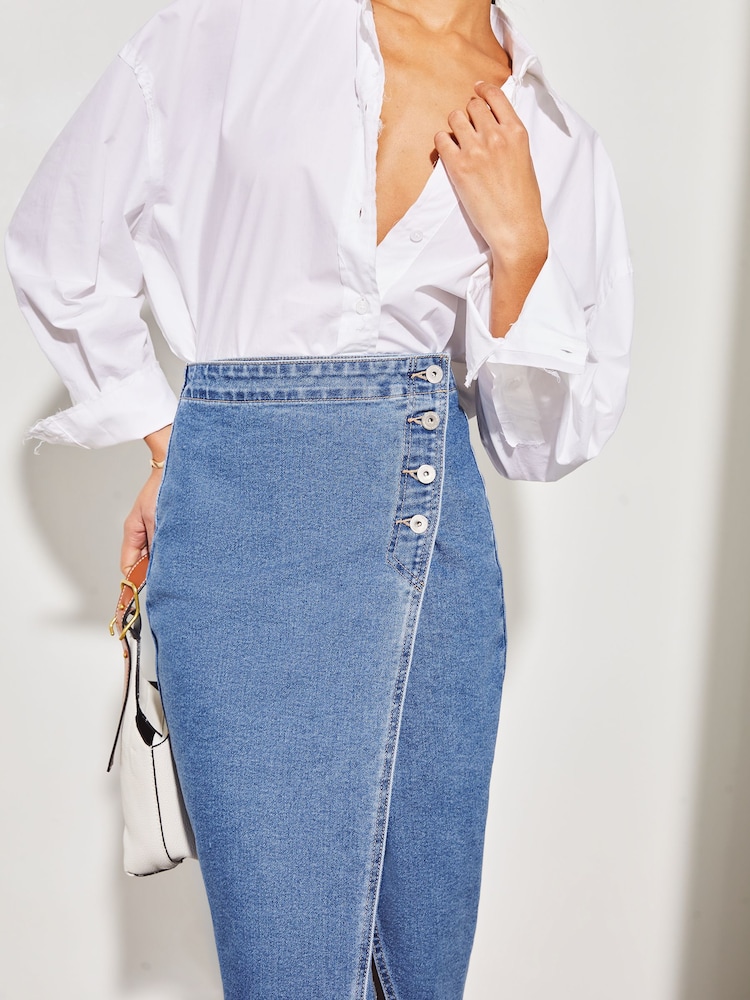 Lipsy Mid Wash Blue Denim Asymmetric Button Midi Skirt - Image 4 of 4 Lipsy Mid Wash Blue Denim Asymmetric Button Midi Skirt - Image 4 of 4