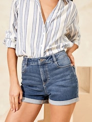 Lipsy Mid Navy Blue Petite Stretch Denim Turn Up Shorts - Image 1 of 4
