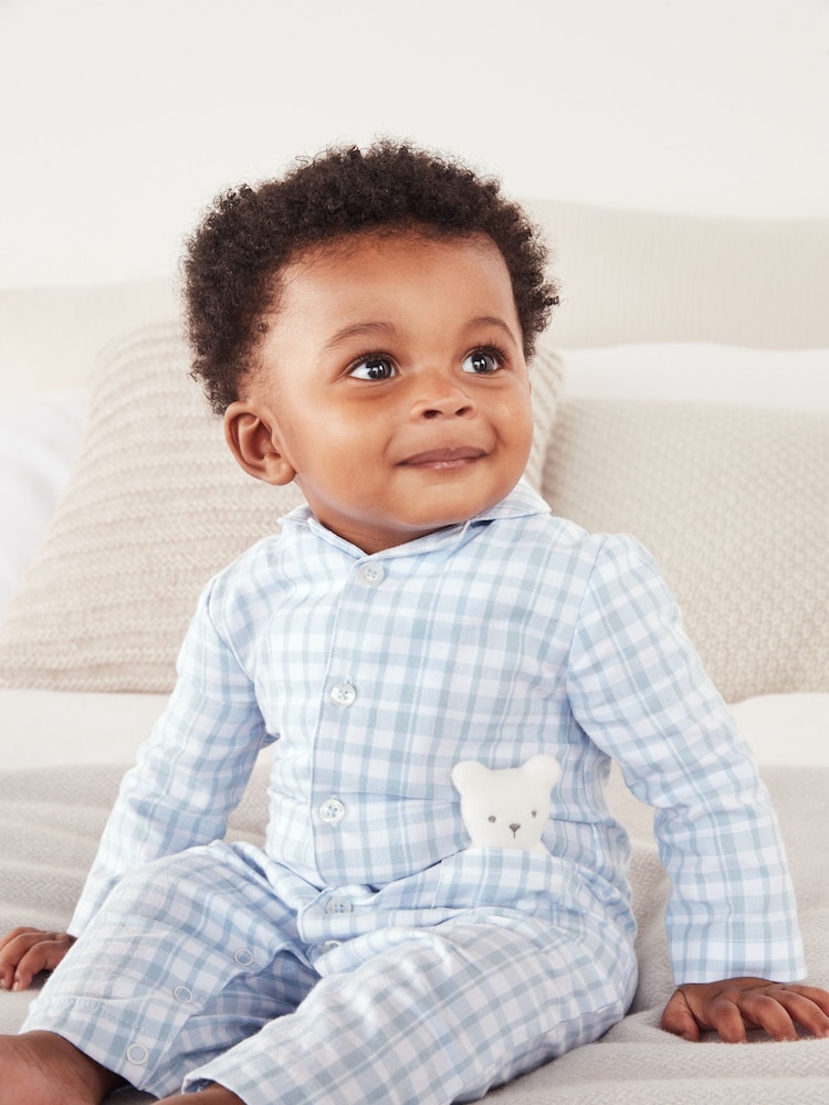 The White Company Cotton Blue Gingham Sleepsuit With Bear - Image 2 of 4
