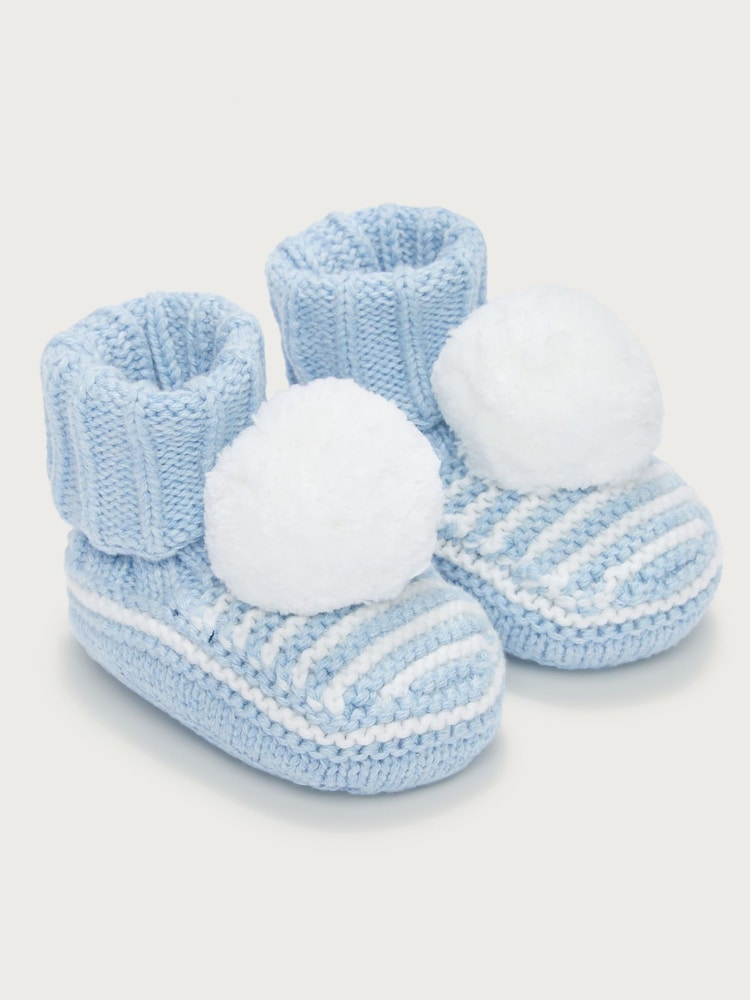 The White Company Blue Cotton Stripe Knitted Pom Booties - Image 1 of 1