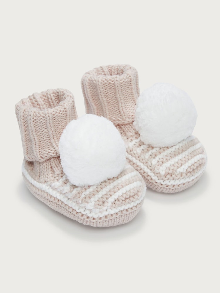 The White Company Cream Cotton Stripe Knitted Pom Booties - Bild 1 von 1 The White Company Cream Cotton Stripe Knitted Pom Booties - Bild 1 von 1
