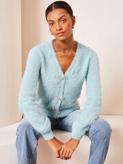Lipsy Blue Cosy Diamante Bow V Neck Cardigan - Image 1 of 3