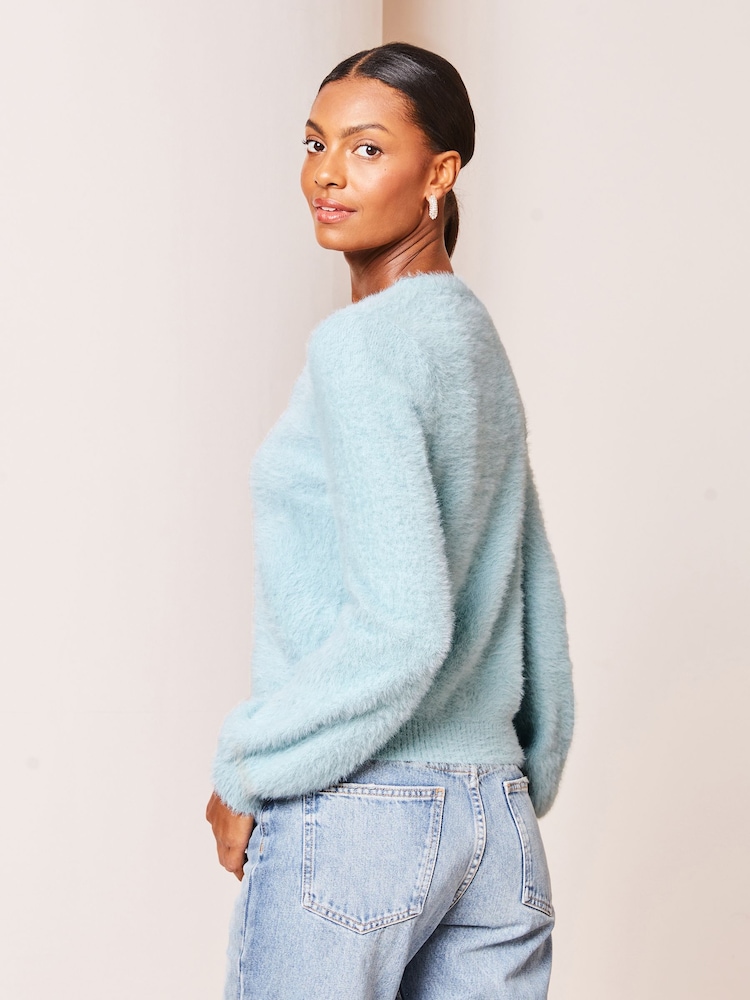 Lipsy Blue Cosy Diamante Bow V Neck Cardigan - Image 2 of 3