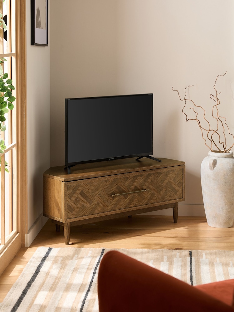 Natural Clayton Oak Marquetry Up to 46 inch Corner TV Unit - Image 1 of 8