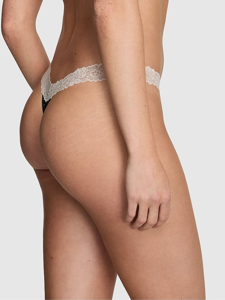 Victoria's Secret PINK Charcoal Heather Grey Thong Cotton Heather Lace Trim Knickers - Image 2 of 2 Victoria's Secret PINK Charcoal Heather Grey Thong Cotton Heather Lace Trim Knickers - Image 2 of 2