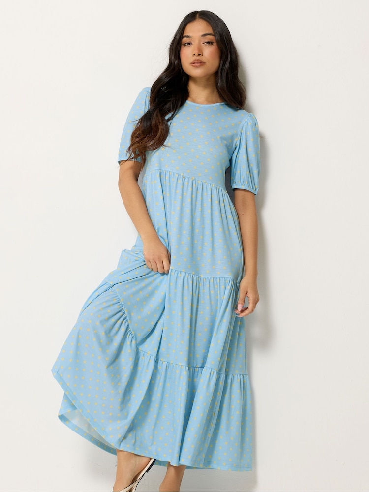 PixieGirl Petite Blue Spot Tiered Maxi Dress - Image 1 of 5 PixieGirl Petite Blue Spot Tiered Maxi Dress - Image 1 of 5