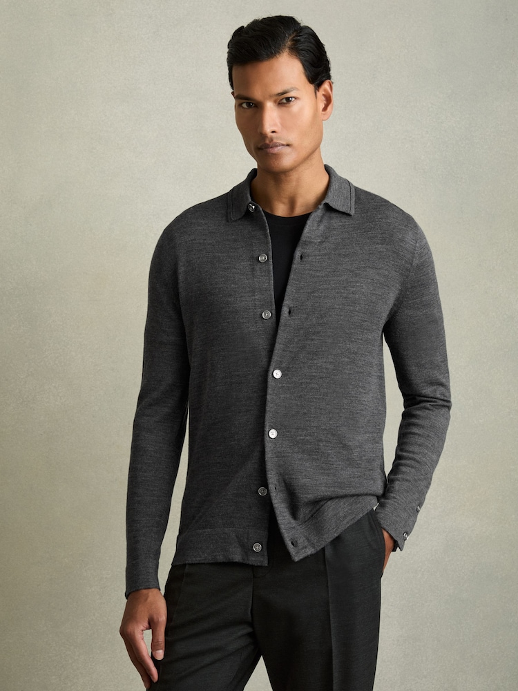 Reiss Derby Grey Marl Forbes Merino Wool Button-Through Cardigan - Image 1 of 5 Reiss Derby Grey Marl Forbes Merino Wool Button-Through Cardigan - Image 1 of 5