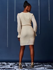 Jolie Moi Cream Twist Front Metallic Stripe Bodycon Dress - Image 2 of 5