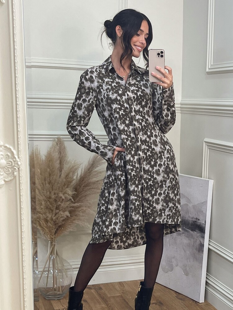 Jolie Moi Brown Abstract Print Dipped Hem Shirt Dress - Image 1 of 6