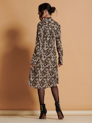 Jolie Moi Brown Abstract Print Dipped Hem Shirt Dress - Image 2 of 6