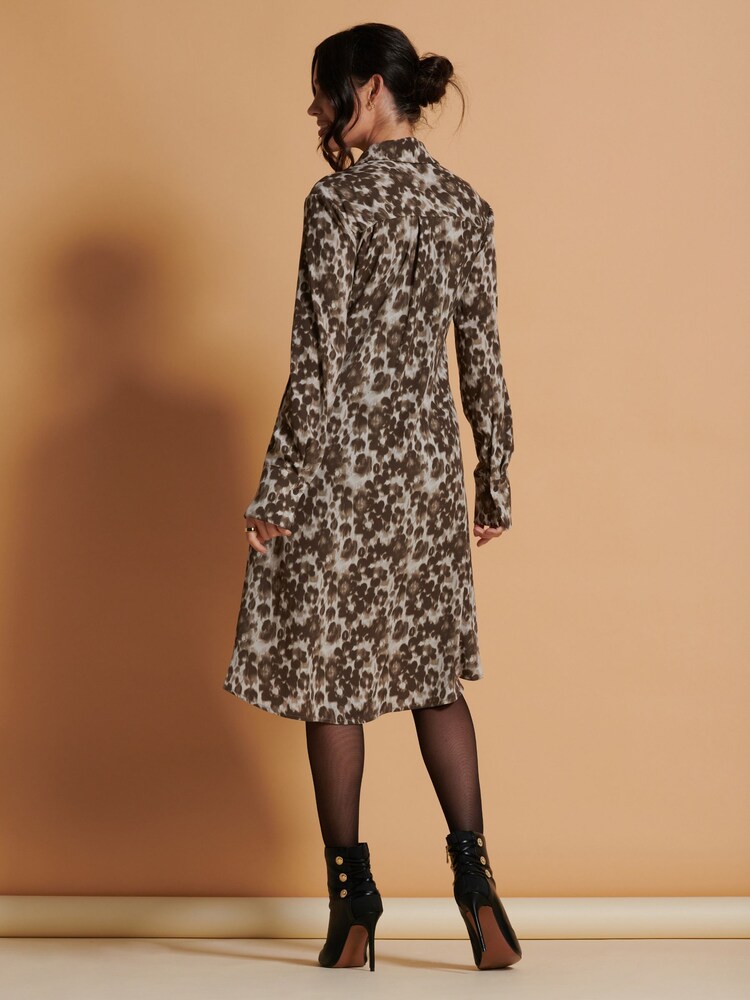 Jolie Moi Brown Abstract Print Dipped Hem Shirt Dress - Image 2 of 6