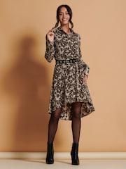 Jolie Moi Brown Abstract Print Dipped Hem Shirt Dress - Image 3 of 6