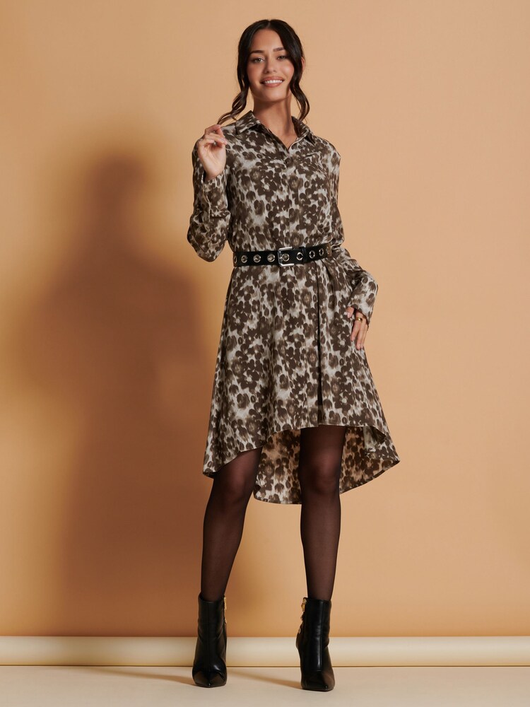 Jolie Moi Brown Abstract Print Dipped Hem Shirt Dress - Image 3 of 6