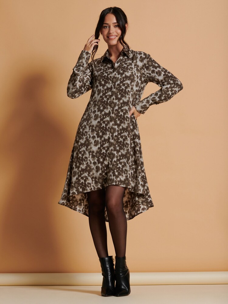 Jolie Moi Brown Abstract Print Dipped Hem Shirt Dress - Image 4 of 6