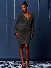 Jolie Moi Black Twist Front Metallic Stripe Bodycon Dress - Image 1 of 6