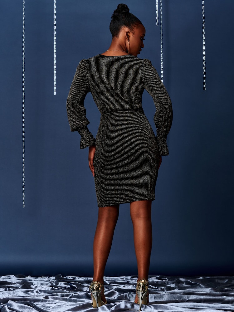 Jolie Moi Black Twist Front Metallic Stripe Bodycon Dress - Image 2 of 6
