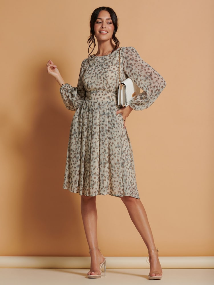 Jolie Moi Cream Long Sleeve Chiffon Midi Dress - Image 1 of 5