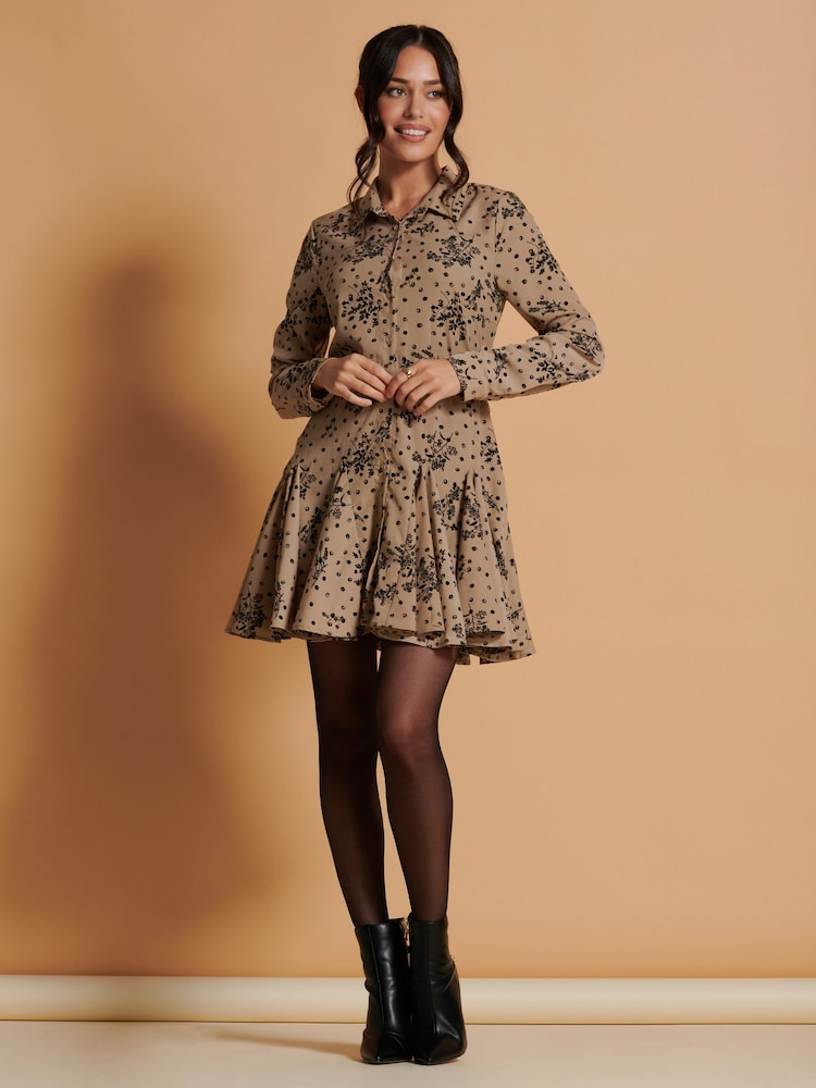 Jolie Moi Brown Long Sleeve Fit & Flare Shirt Dress - Image 1 of 6