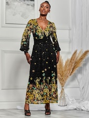 Jolie Moi Black & Yellow Symmetrical Print Amica Lace Maxi Dress - Image 1 of 6
