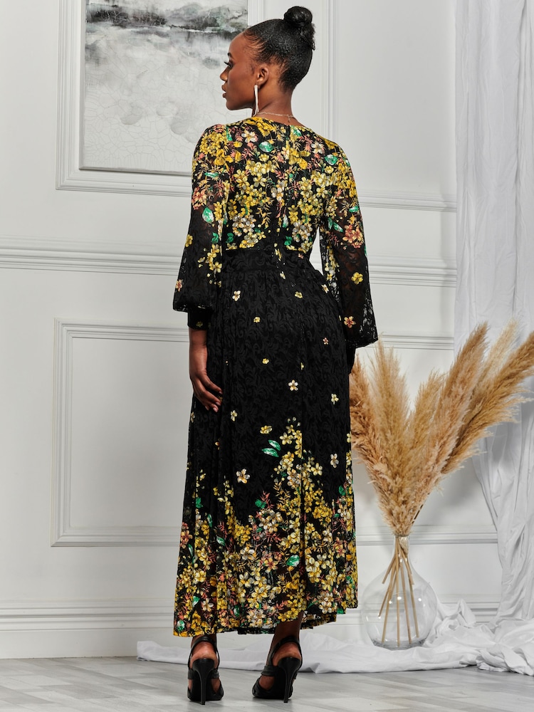 Jolie Moi Black & Yellow Symmetrical Print Amica Lace Maxi Dress - Image 2 of 6