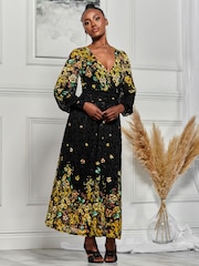 Jolie Moi Black & Yellow Symmetrical Print Amica Lace Maxi Dress - Image 3 of 6