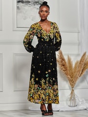 Jolie Moi Black & Yellow Symmetrical Print Amica Lace Maxi Dress - Image 5 of 6