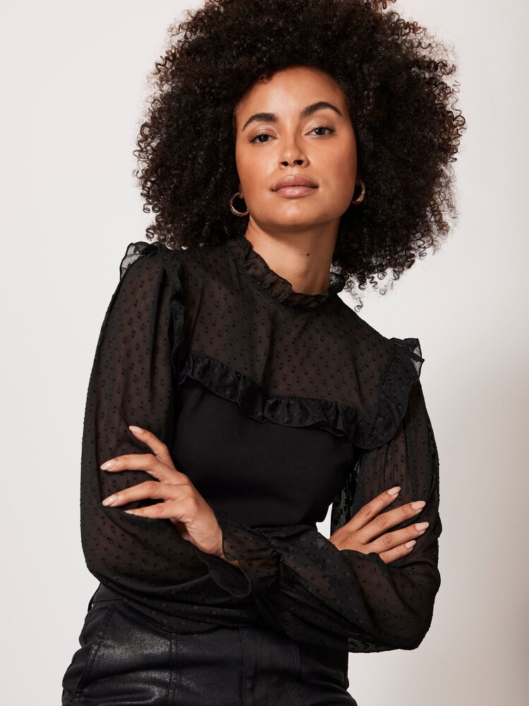 Mint Velvet Black Polka Dot Sheer Top - Image 1 of 8
