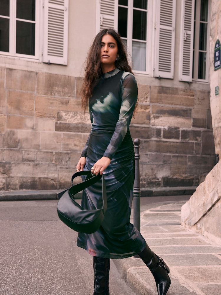 Mint Velvet Black Black Print Mesh Midi Dress - Image 2 of 6 Mint Velvet Black Black Print Mesh Midi Dress - Image 2 of 6