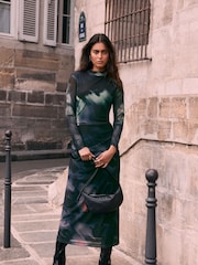 Mint Velvet Black Black Print Mesh Midi Dress - Image 3 of 6