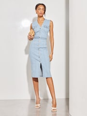 Lipsy Light Blue Plait Waist Denim Midi Dress - Image 1 of 4