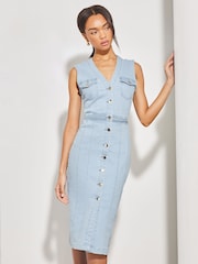 Lipsy Light Blue Plait Waist Denim Midi Dress - Image 3 of 4
