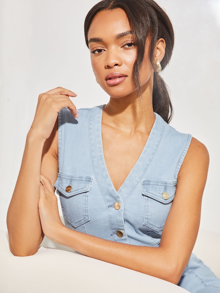 Lipsy Light Blue Plait Waist Denim Midi Dress - Image 4 of 4
