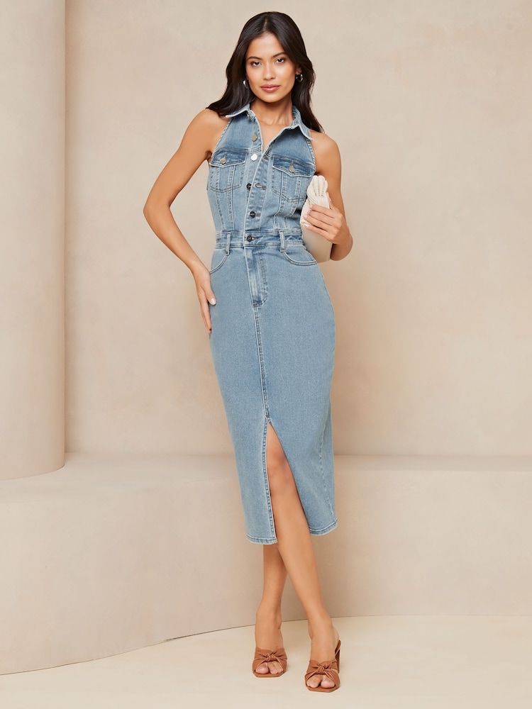 Lipsy Blue Denim Halter Midi Shirt Dress - Image 1 of 4