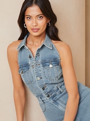 Lipsy Blue Denim Halter Midi Shirt Dress - Image 4 of 4