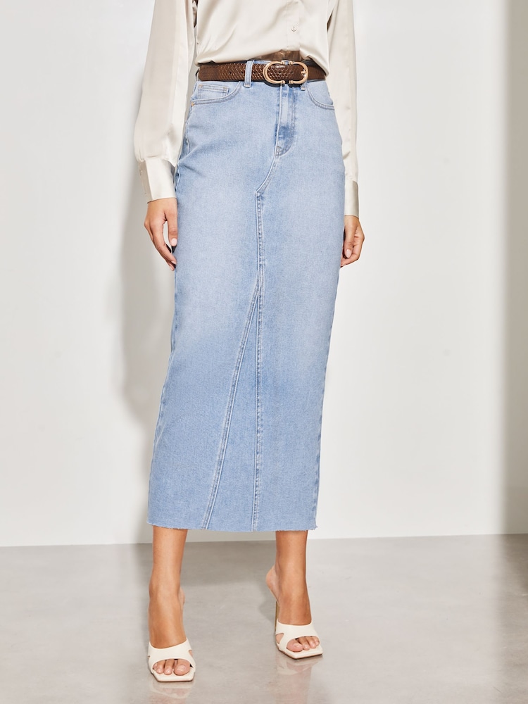 Lipsy Mid Wash Blue Petite Denim High Waist Maxi Skirt - Image 1 of 4 Lipsy Mid Wash Blue Petite Denim High Waist Maxi Skirt - Image 1 of 4