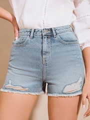 Lipsy Mid Wash Blue Denim Raw Hem Shortss - Image 1 of 4