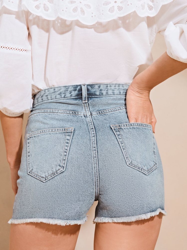 Lipsy Mid Wash Blue Denim Raw Hem Shortss - Image 2 of 4