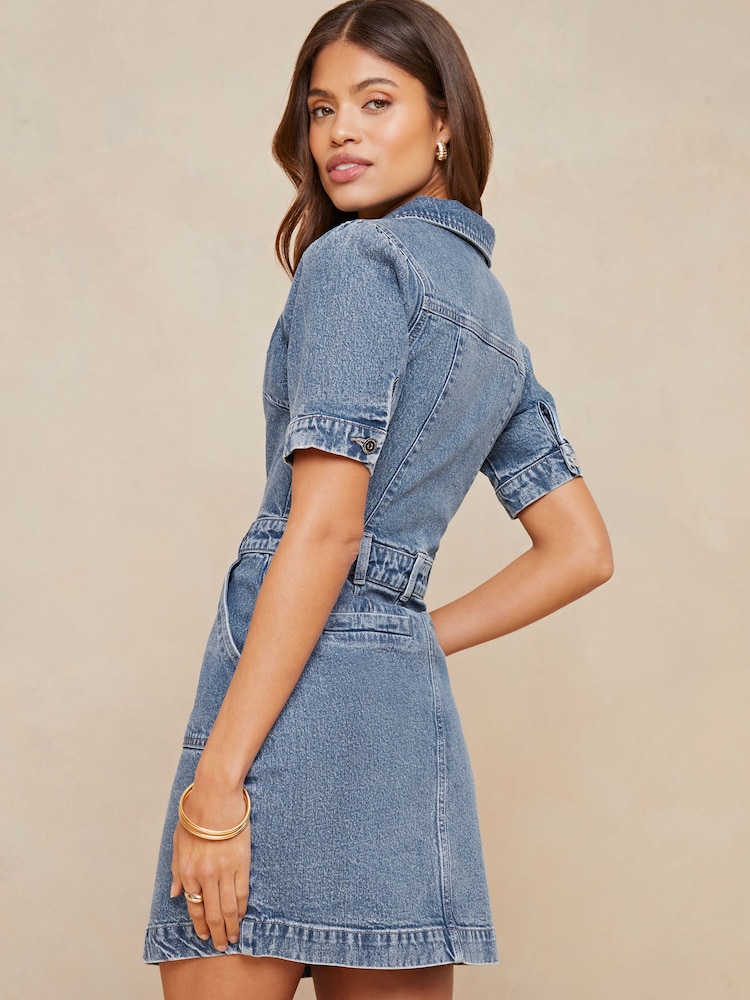 Lipsy Blue Denim Short Sleeve Mini Shirt Dress - Image 2 of 4 Lipsy Blue Denim Short Sleeve Mini Shirt Dress - Image 2 of 4
