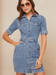 Lipsy Blue Petite Denim Short Sleeve Mini Shirt Dress - Image 1 of 4