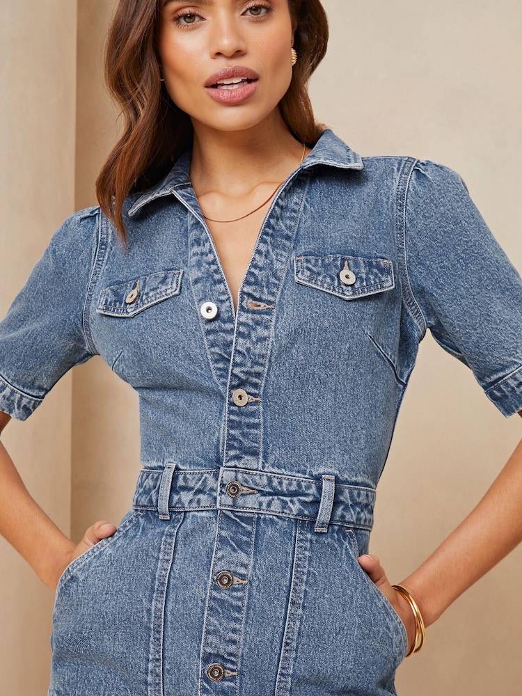 Lipsy Blue Petite Denim Short Sleeve Mini Shirt Dress - Image 4 of 4