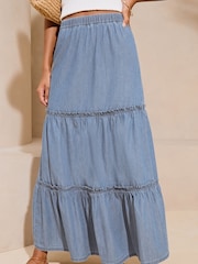 Lipsy Navy Blue Tiered Lightweight Chambray Denim Maxi Skirt - Image 1 of 4