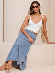 Lipsy Navy Blue Tiered Lightweight Chambray Denim Maxi Skirt - Image 3 of 4