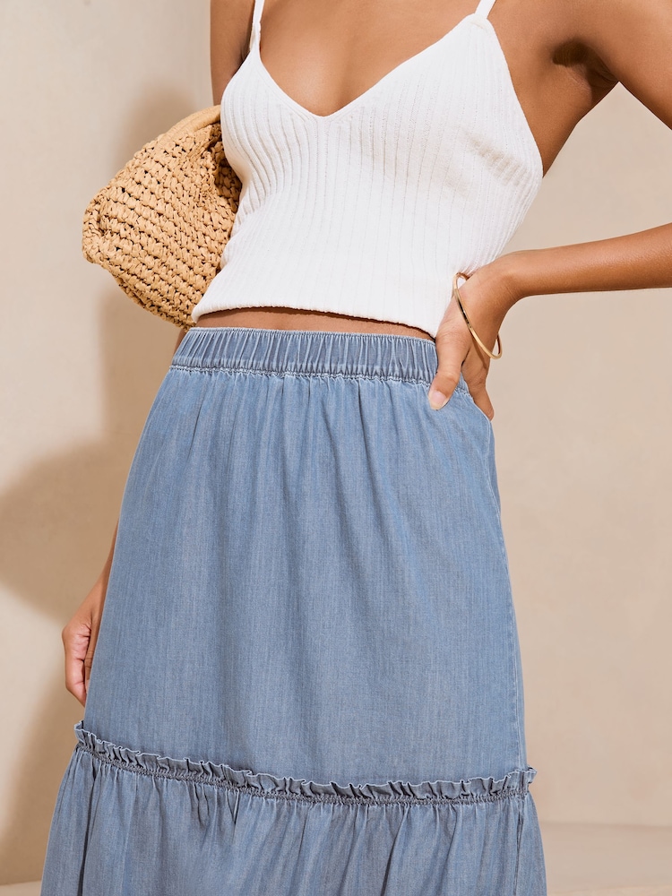 Lipsy Navy Blue Tiered Lightweight Chambray Denim Maxi Skirt - Image 4 of 4