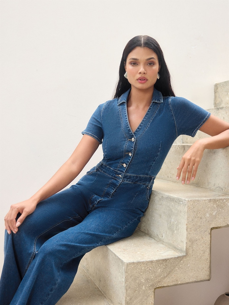 Lipsy Blue Petite Denim Short Sleeve Button Through Jumpsuit - Image 2 of 4 Lipsy Blue Petite Denim Short Sleeve Button Through Jumpsuit - Image 2 of 4