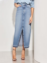 Lipsy Mid Wash Navy Blue Denim High Rise Split Front Maxi Skirt - Image 1 of 4