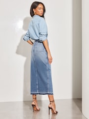 Lipsy Mid Wash Navy Blue Denim High Rise Split Front Maxi Skirt - Image 2 of 4