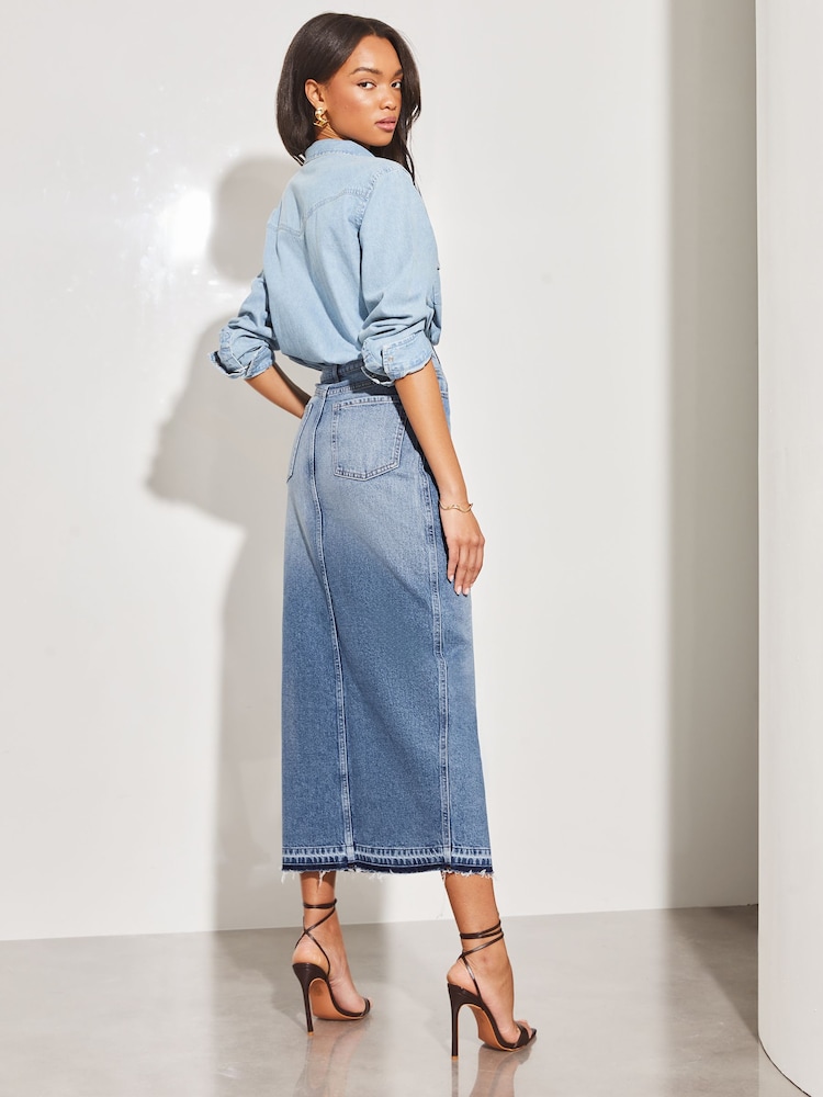 Lipsy Mid Wash Navy Blue Denim High Rise Split Front Maxi Skirt - Image 2 of 4