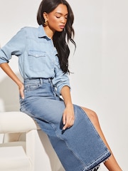 Lipsy Mid Wash Navy Blue Denim High Rise Split Front Maxi Skirt - Image 3 of 4