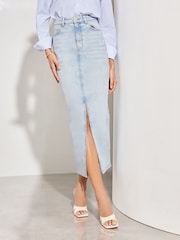 Lipsy Bleach Denim Blue Denim High Rise Split Front Maxi Skirt - Image 1 of 4