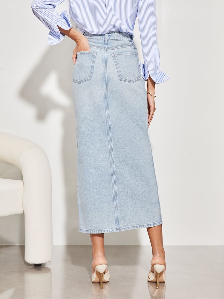 Lipsy Bleach Denim Blue Denim High Rise Split Front Maxi Skirt - Image 2 of 4